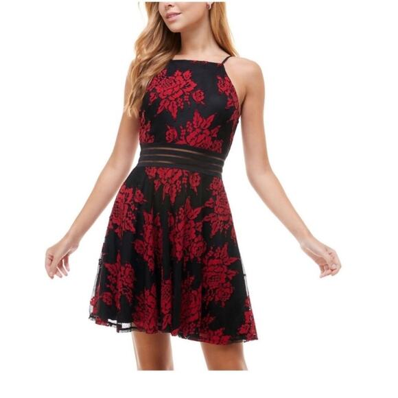 CITY STUDIO Lace Floral Fit Flare Party Red Black Dress Junior's Size 15 NWT - Picture 1 of 10